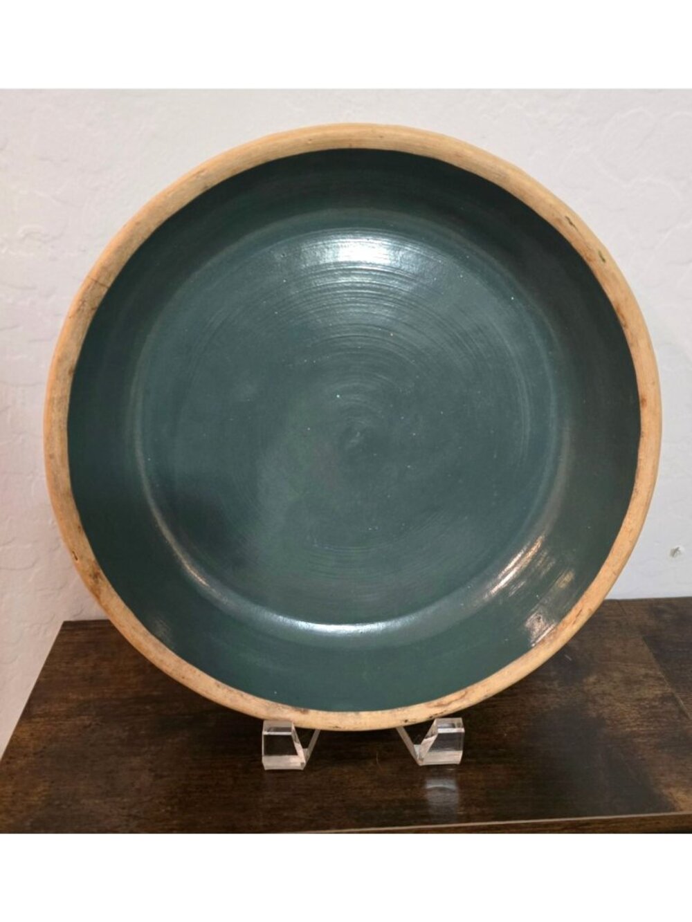 Vintage Clay City Pottery 10" Green Bowl Pie Plate Floral Embossed Rim - Picture 4 of 13
